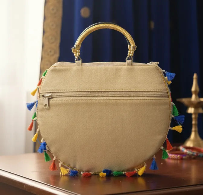 ENSAC Women's Handcrafted Embroidered Cotton Potli Bag with Elephant Design, Pearl Handle & Thread Work | Ethnic & Bridal Potli