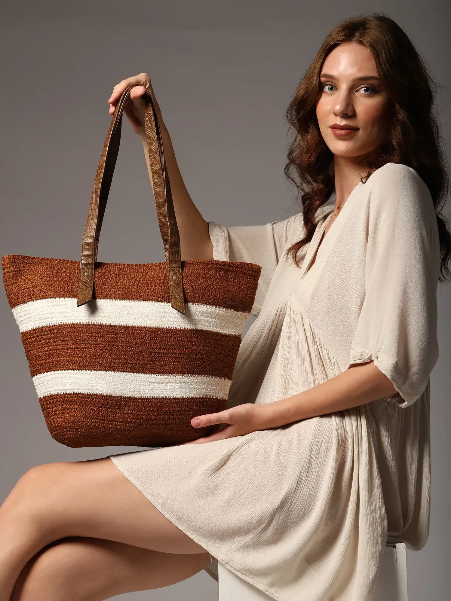 Brown and white striped handcrafted jute tote bag for women by Ensac