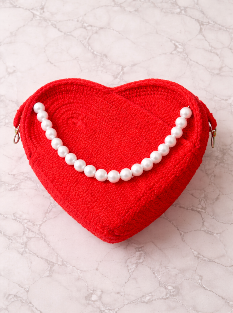 ENSAC Heart-Shaped Jute Rope Sling Bag with Pearl Detailing