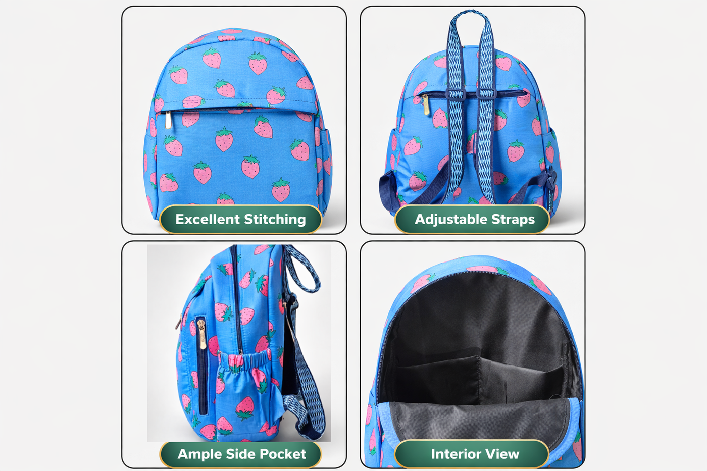Blue backpack with heart pattern on a white background, shown from multiple angles with highlighted features BY ENSAC.