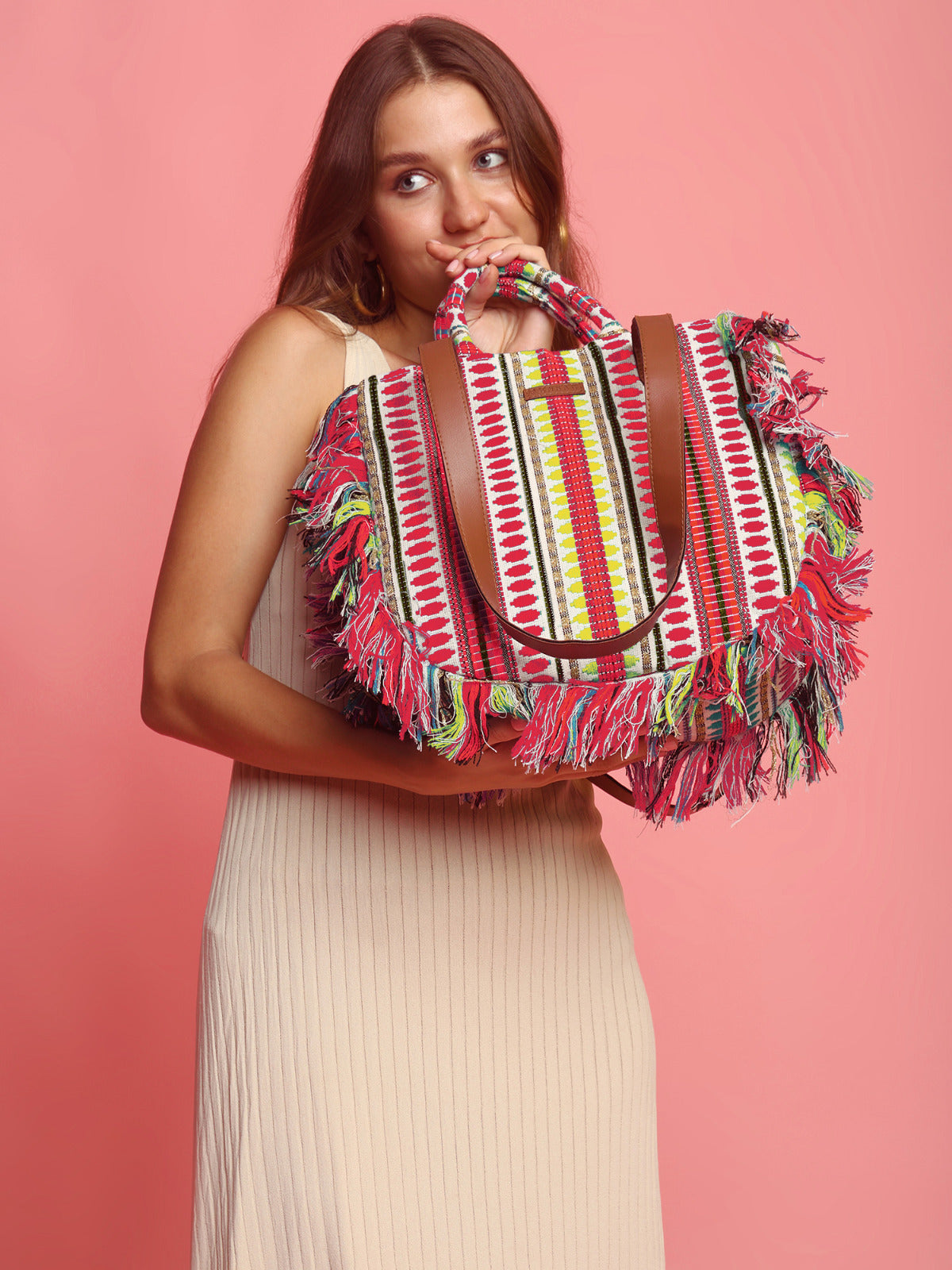 ENSAC cotton Boho Ruffle Style yellow Tote bag for women & girls