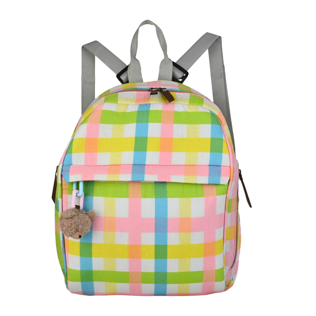 Multi-Color Plaid Checkered Backpack with Teddy Bear Charm