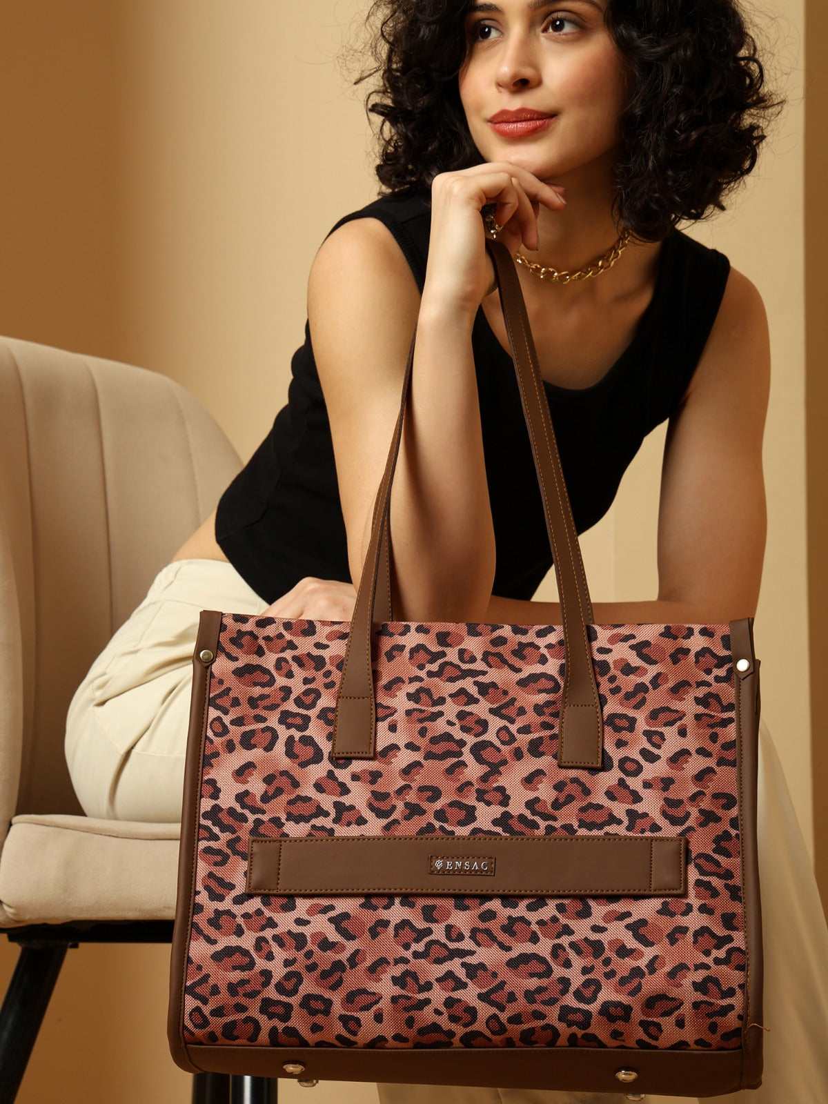 Ensac Jumbo Leopard Print Tote Bag | Stylish and Spacious Women's Handbag with Vegan Leather Straps