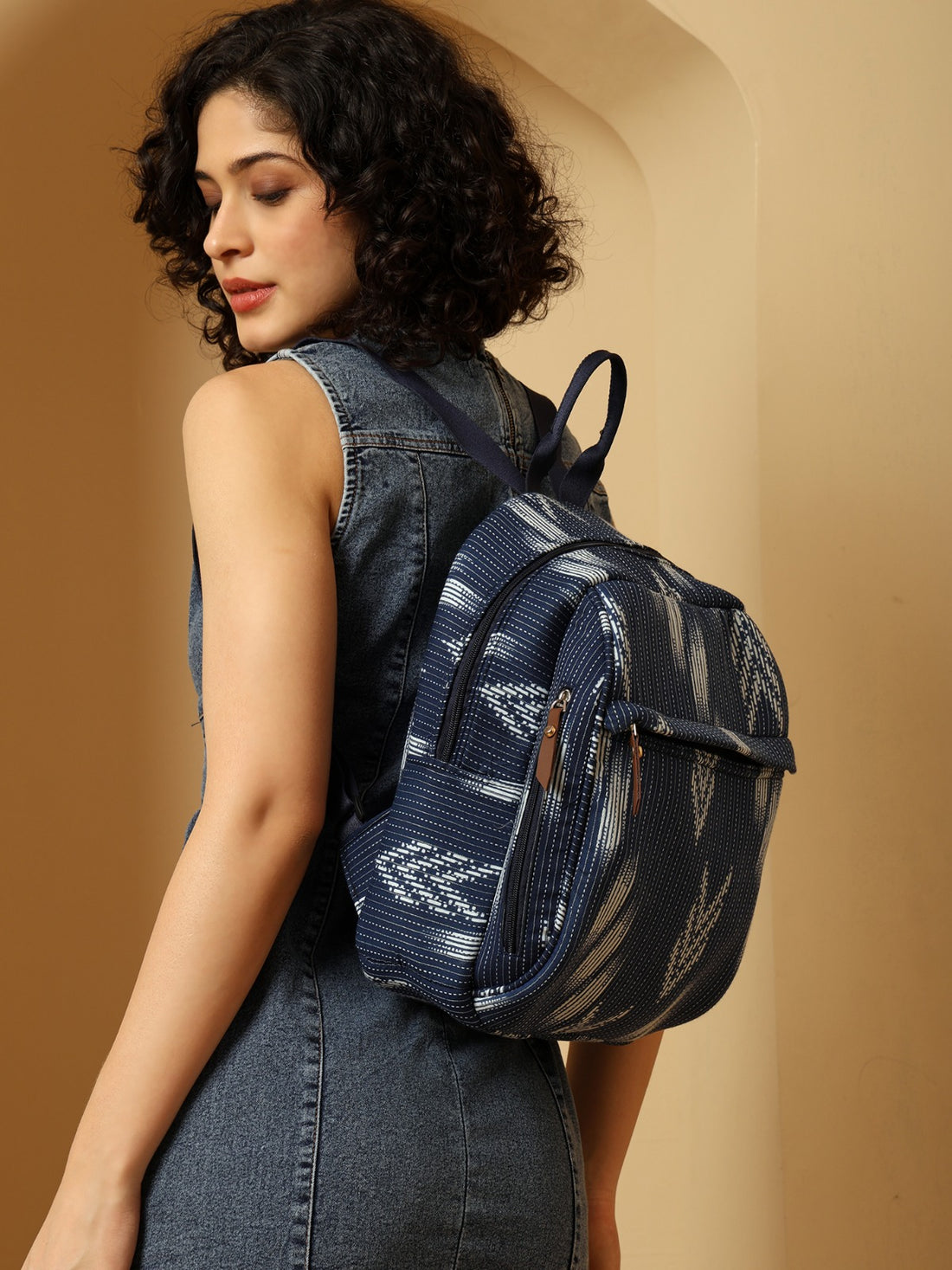 Ensac Women's Stylish Blue & White Ikat Backpack | Handloom Fabric Mini Backpack for Daily Use