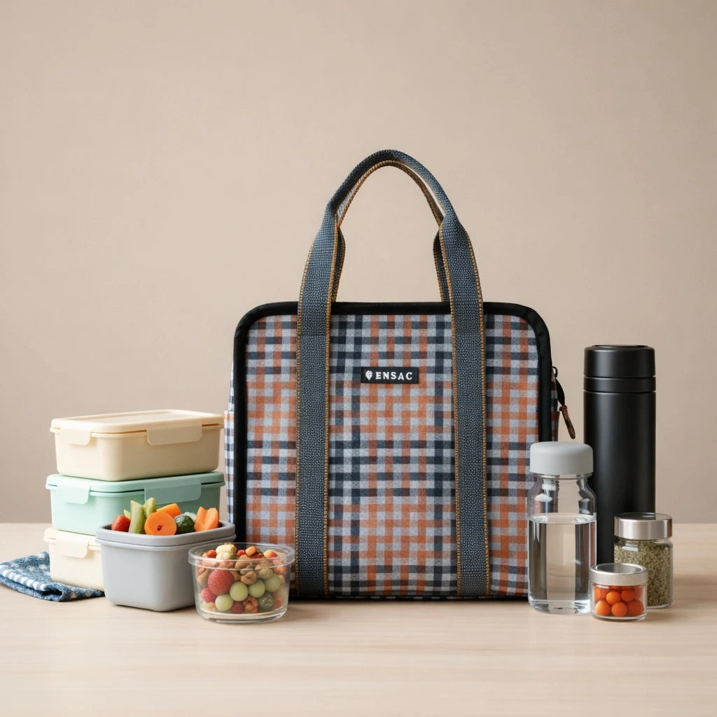 Pensac lunch bag with containers and snacks on a beige background BY ENSAC