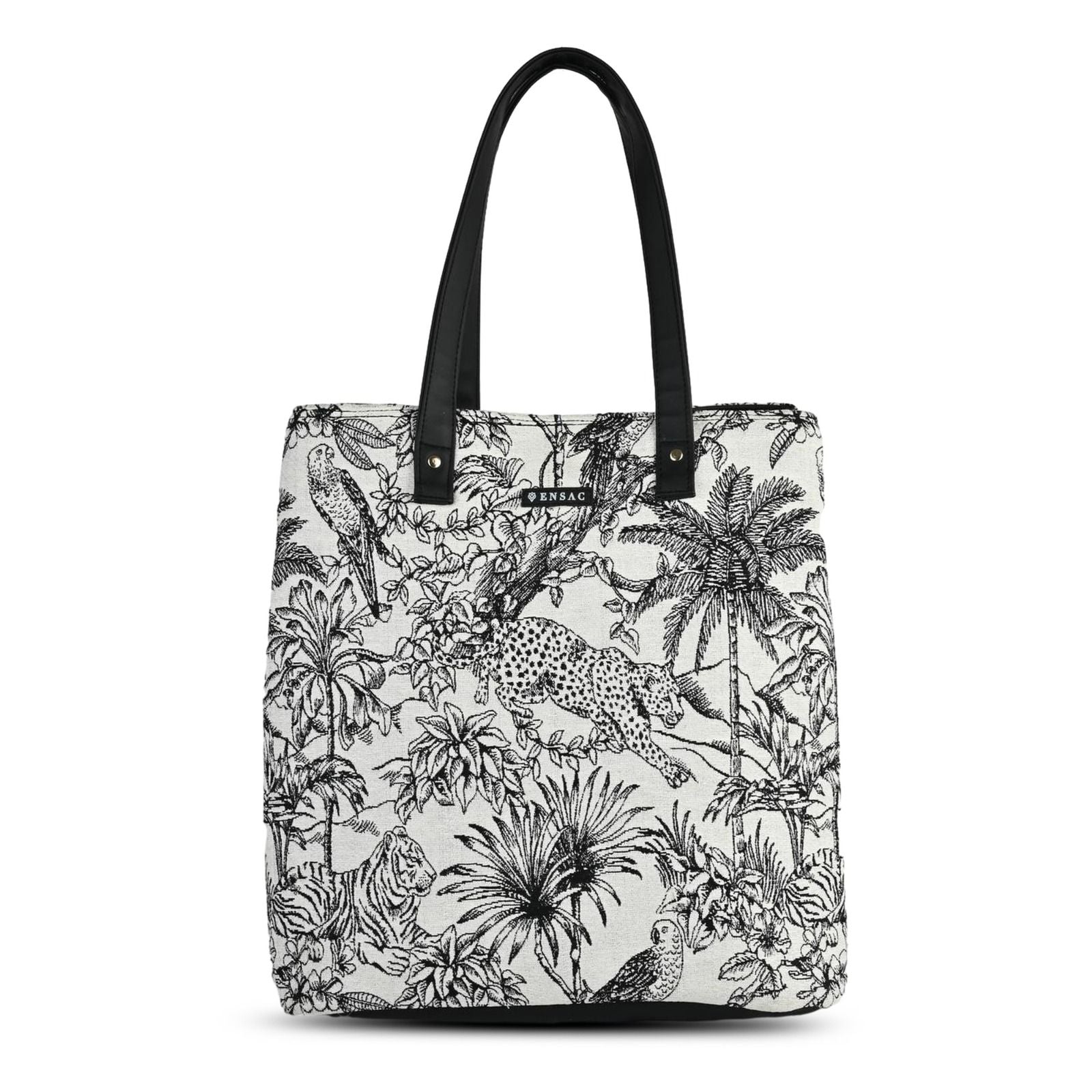Tote bag with black and white jungle animal pattern on a white background  BY ENSAC