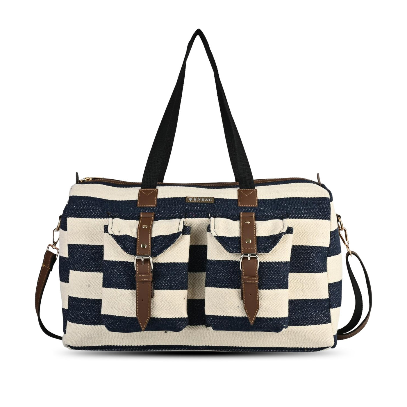 Navy and white striped bag with brown straps on a white background  BY ENSAC