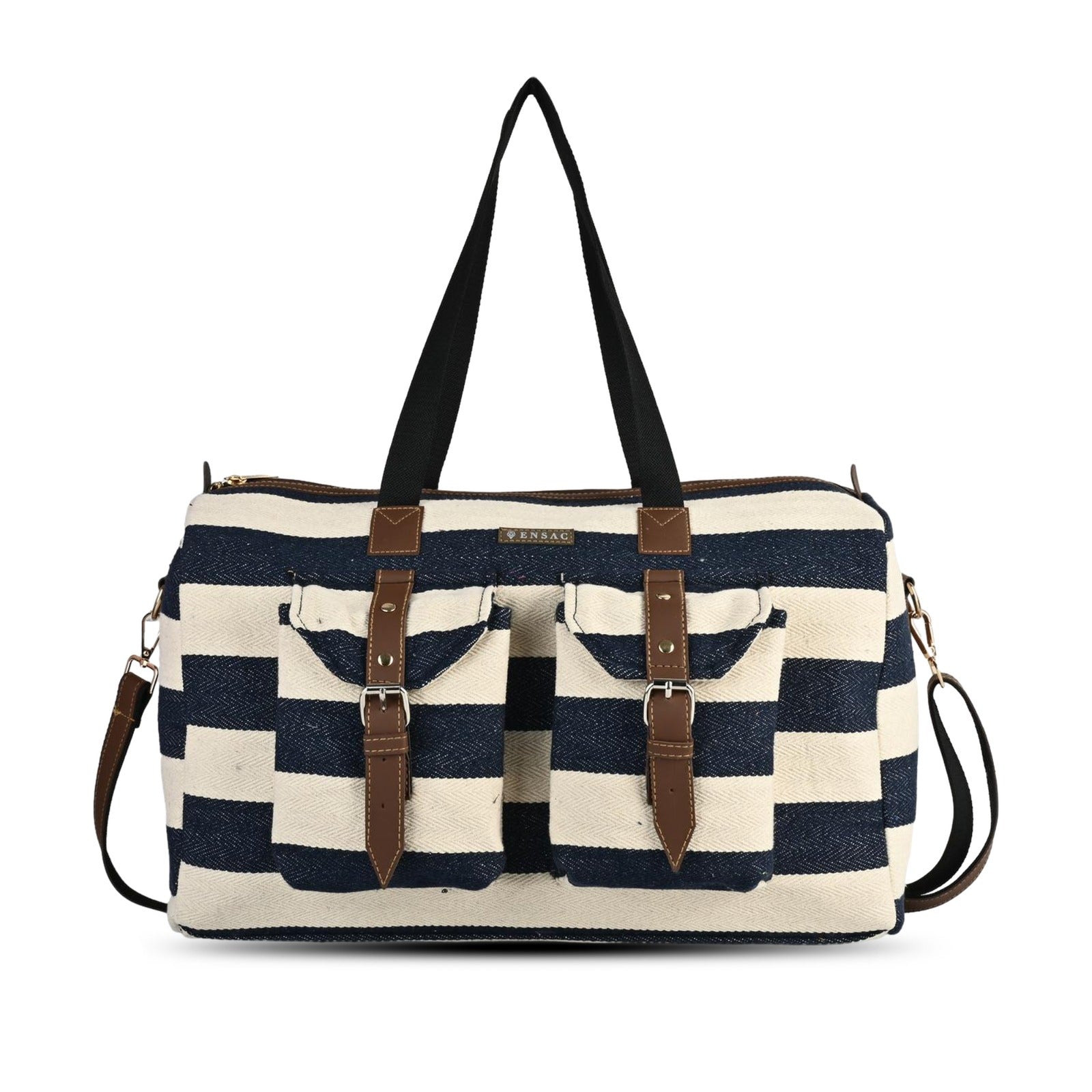 Navy and white striped bag with brown straps on a white background  BY ENSAC