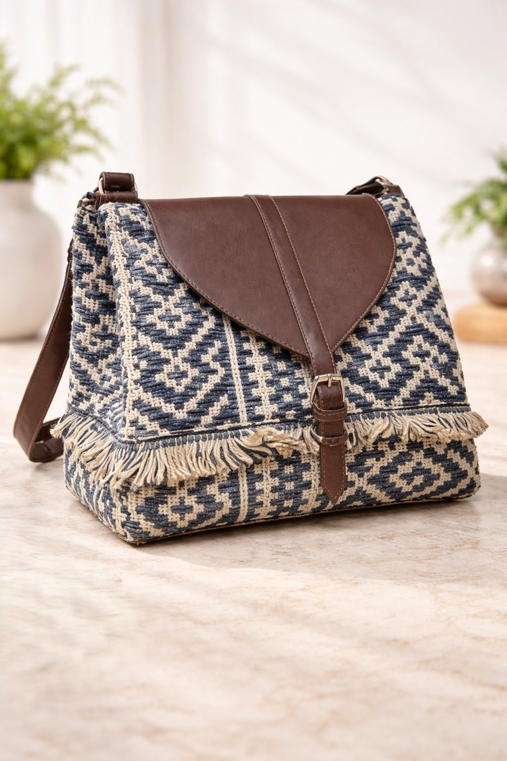 Ethnic Jute Handbag with Rexine Flap & Handle | Stylish Women’s Hand Carry Bag