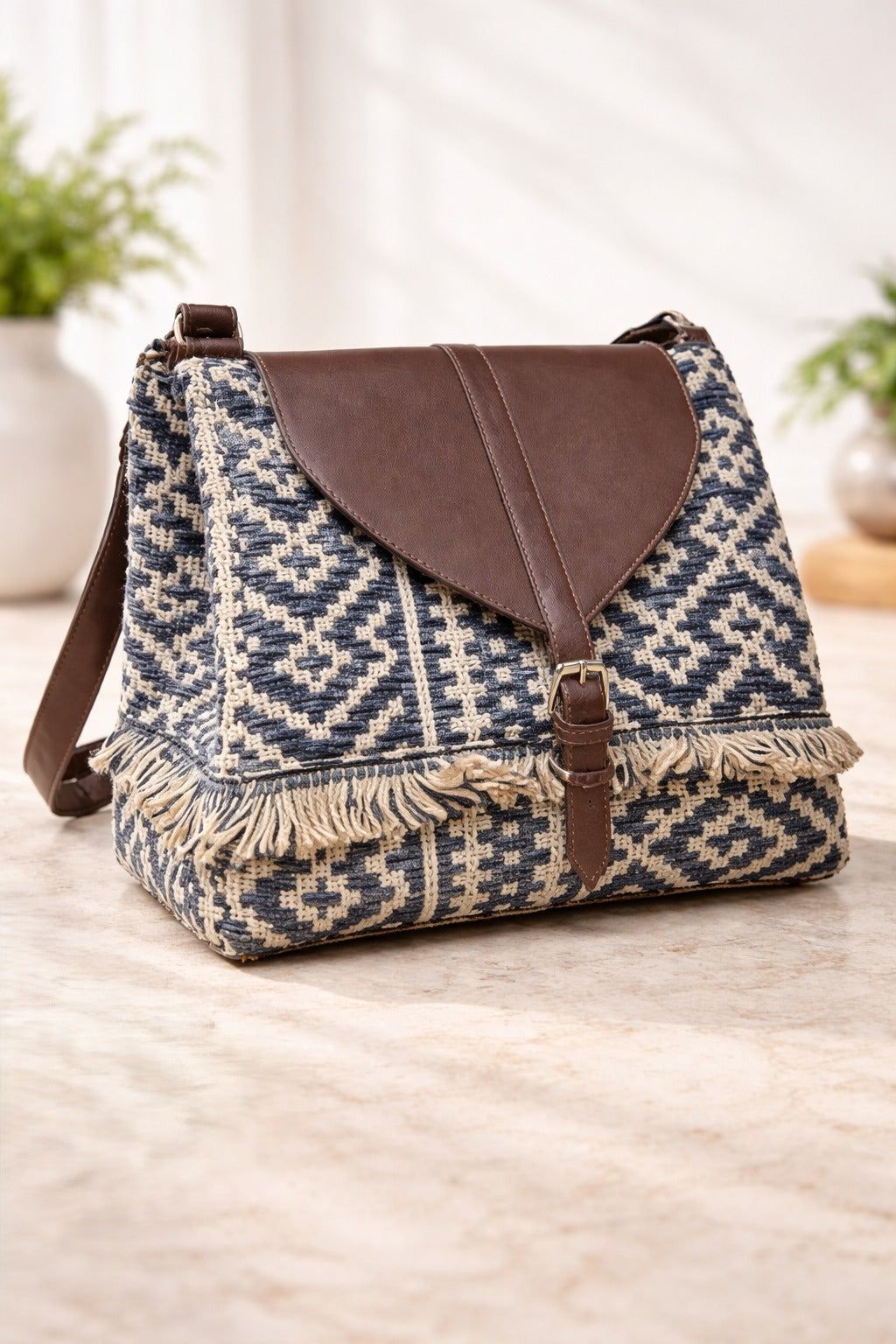 Women Ethnic Jute Handbag with Rexine Flap & Handle ensacworld