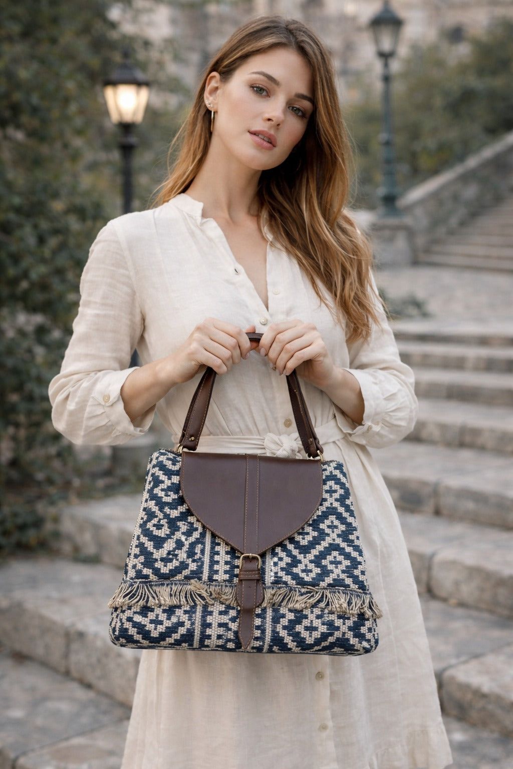 Women Ethnic Jute Handbag with Rexine Flap & Handle ensacworld