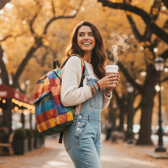Woman with a colorful backpack holding a coffee cup in an autumnal park setting