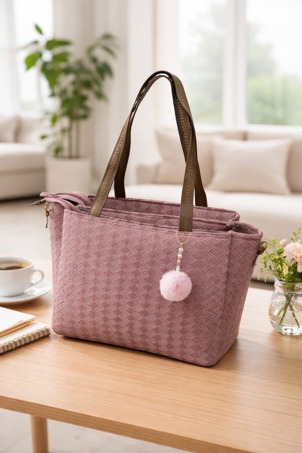 Women’s Textured Pink Tote Bag with Pom Pom Charm & Dual Handles ensacworld