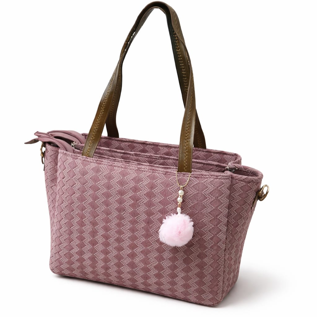 Women’s Textured Pink Tote Bag with Pom Pom Charm & Dual Handles ensacworld
