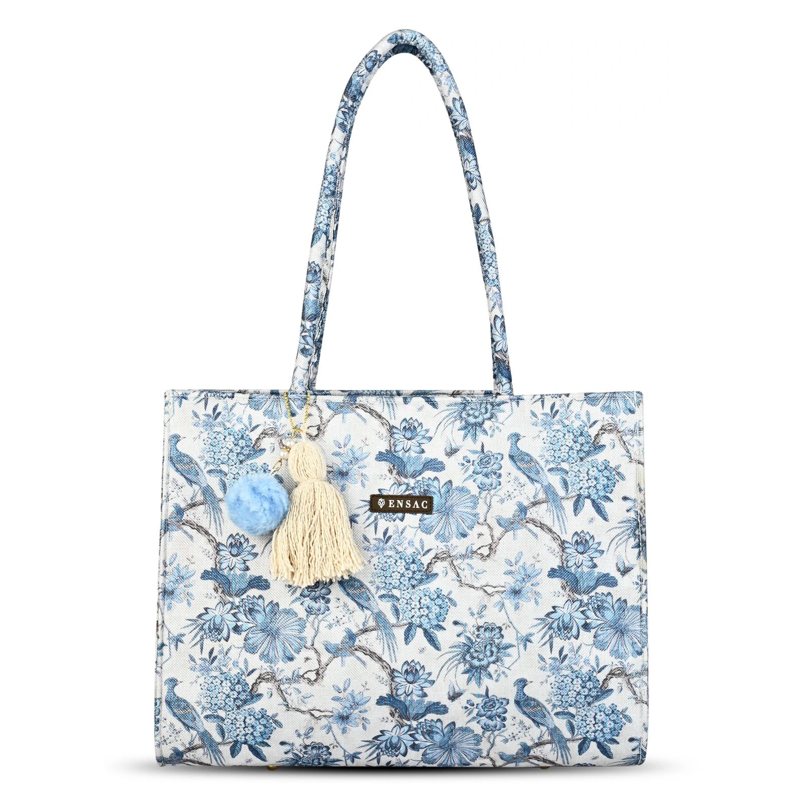 Floral patterned tote bag with tassel on a white background BY ENSAC