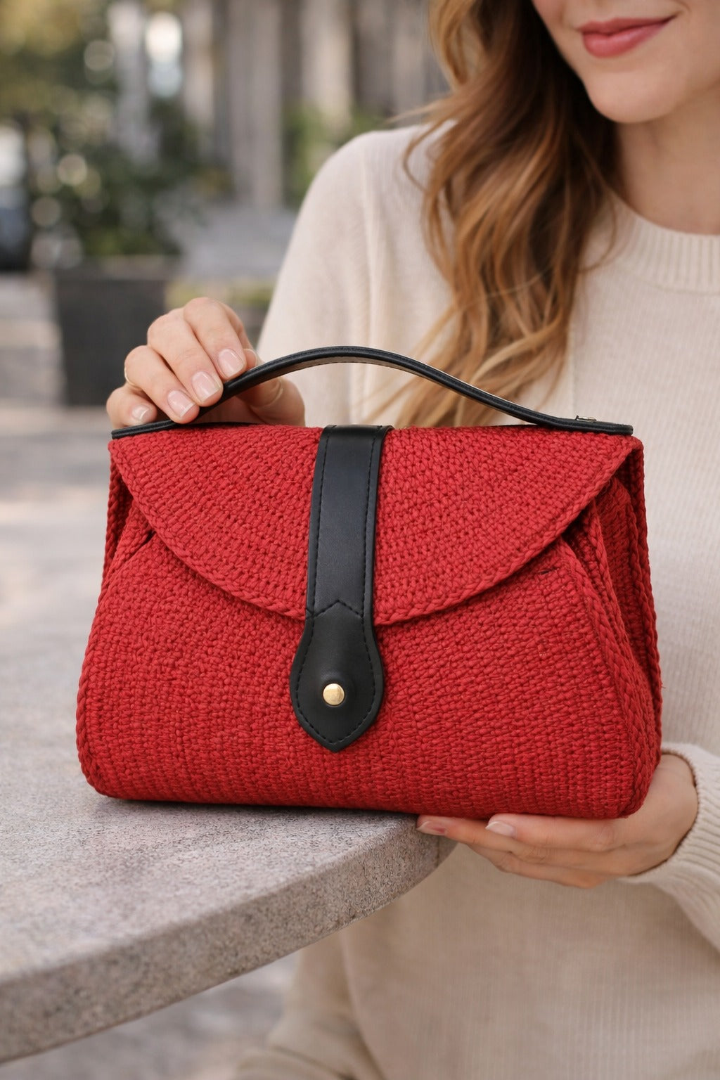 Red Cotton Clutch Bag with Black Strap Closure