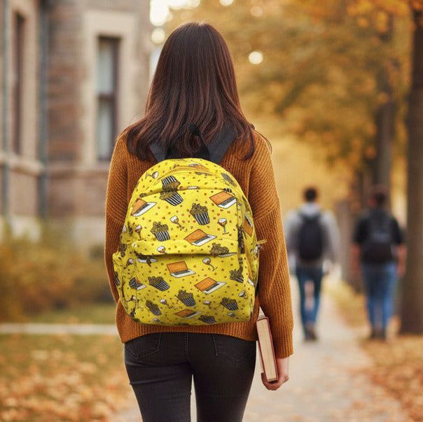 Person with a yellow backpack walking on a path in an autumn setting BY ENSAC
