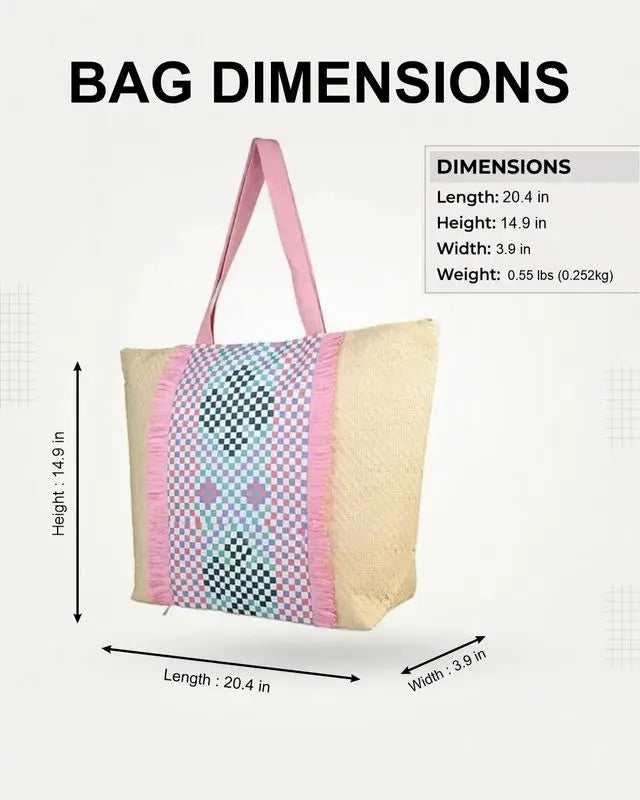 ENSAC Checkered Fringe Beach Bag Tote for women | Woven Geometric Summer Shoulder Handbag