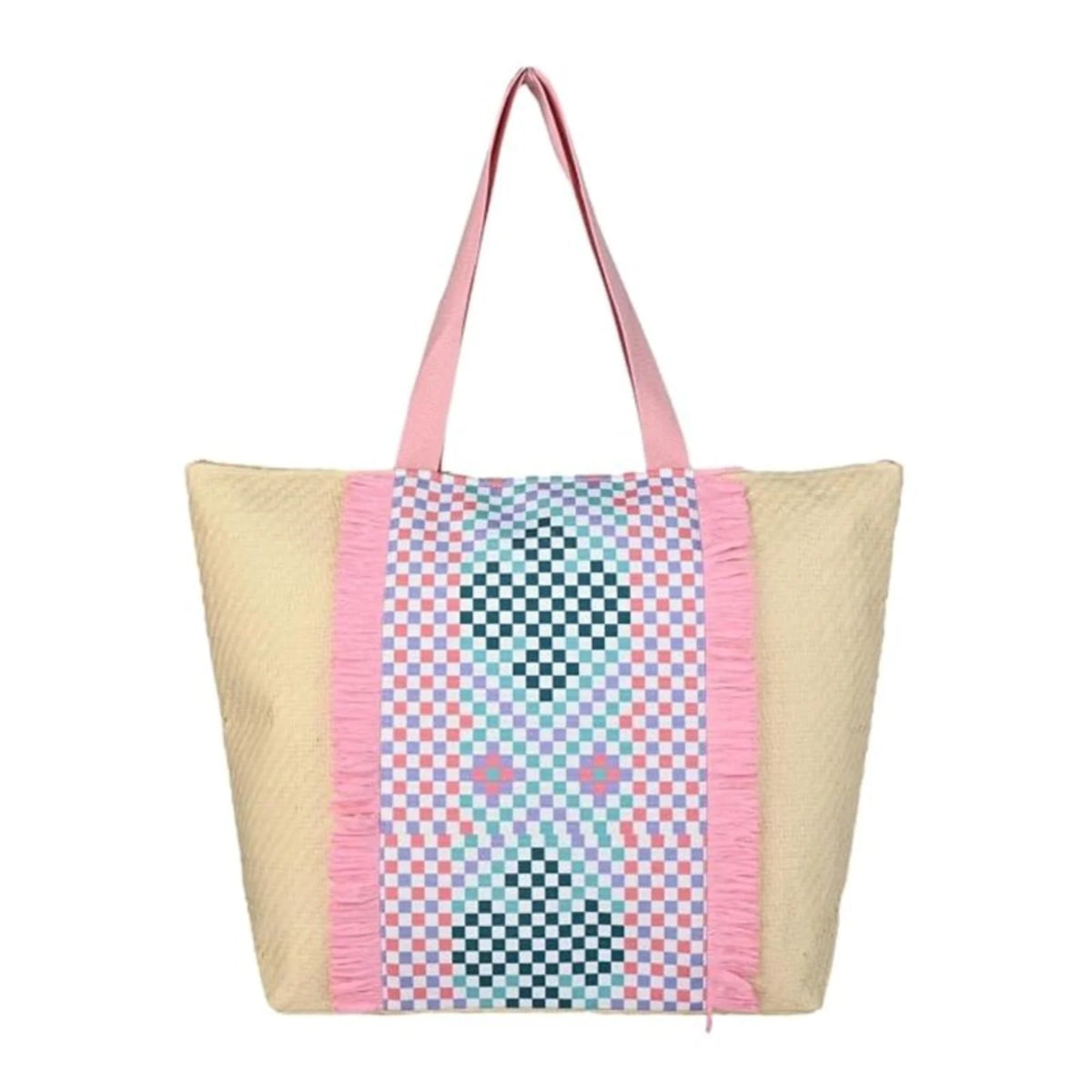 ENSAC Checkered Fringe Beach Bag Tote for women | Woven Geometric Summer Shoulder Handbag