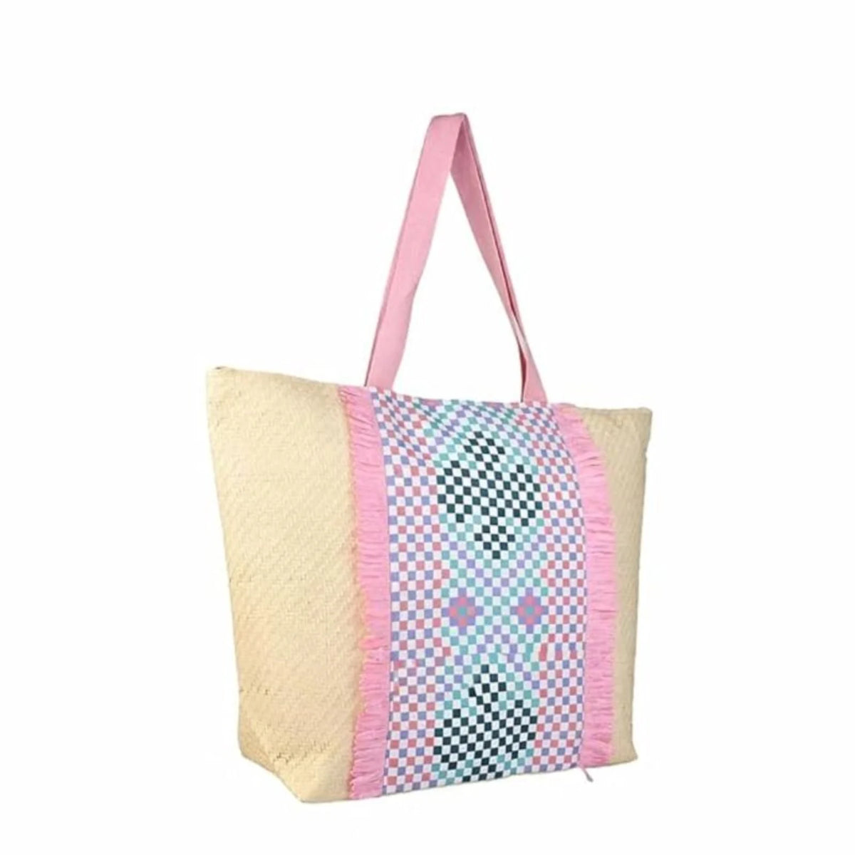 ENSAC Checkered Fringe Beach Bag Tote for women | Woven Geometric Summer Shoulder Handbag
