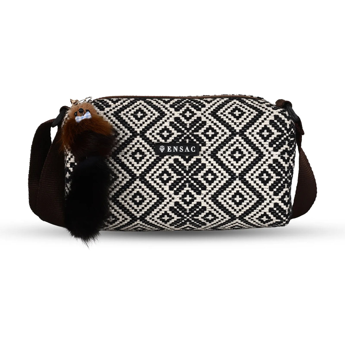 ENSAC Women's Black & White Aztec Jacquard Woven Crossbody Camera sling Bag with Plush Charm