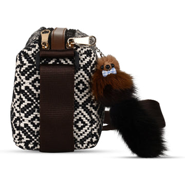 ENSAC Women's Black & White Aztec Jacquard Woven Crossbody Camera sling Bag with Plush Charm