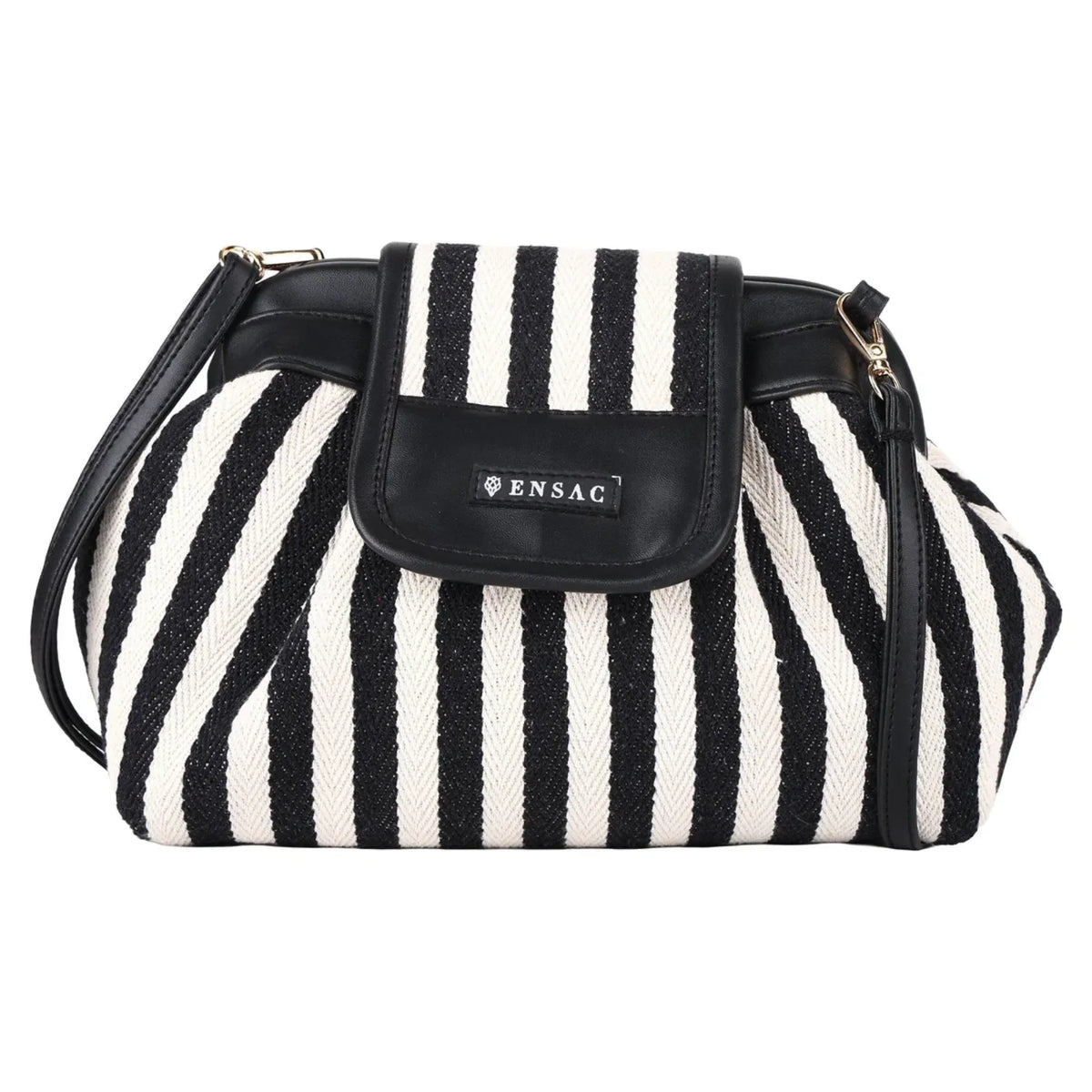 ENSAC Women's Black & White Striped Woven Crossbody Clutch Bag with Detachable Strap