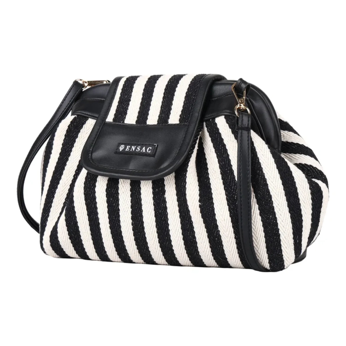 ENSAC Women's Black & White Striped Woven Crossbody Clutch Bag with Detachable Strap