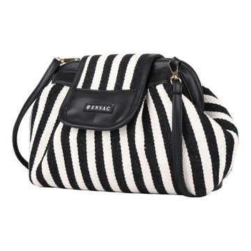 ENSAC Women's Black & White Striped Woven Crossbody Clutch Bag with Detachable Strap