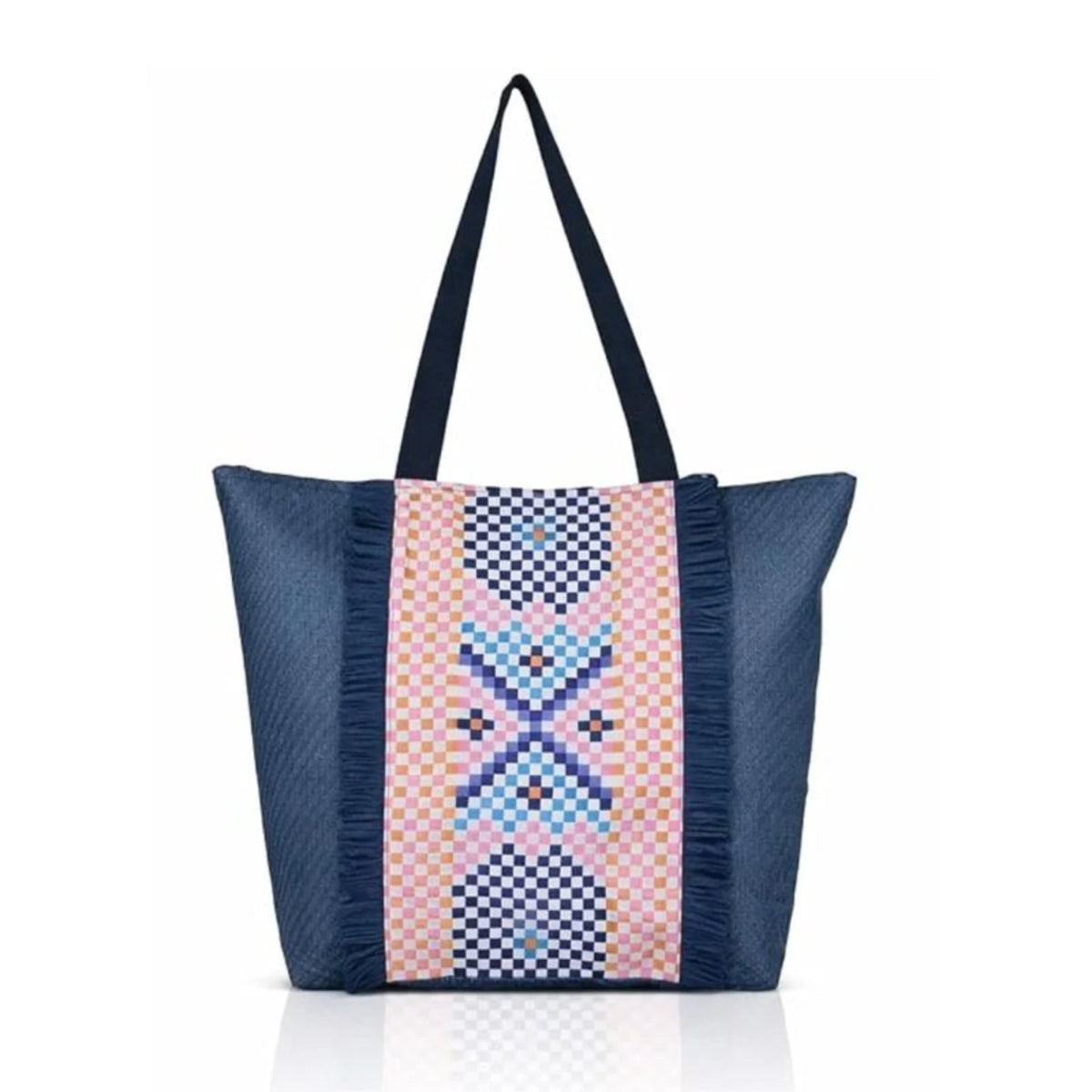 ENSAC Checkered Fringe Beach Bag Tote for women | Woven Geometric Summer Shoulder Handbag