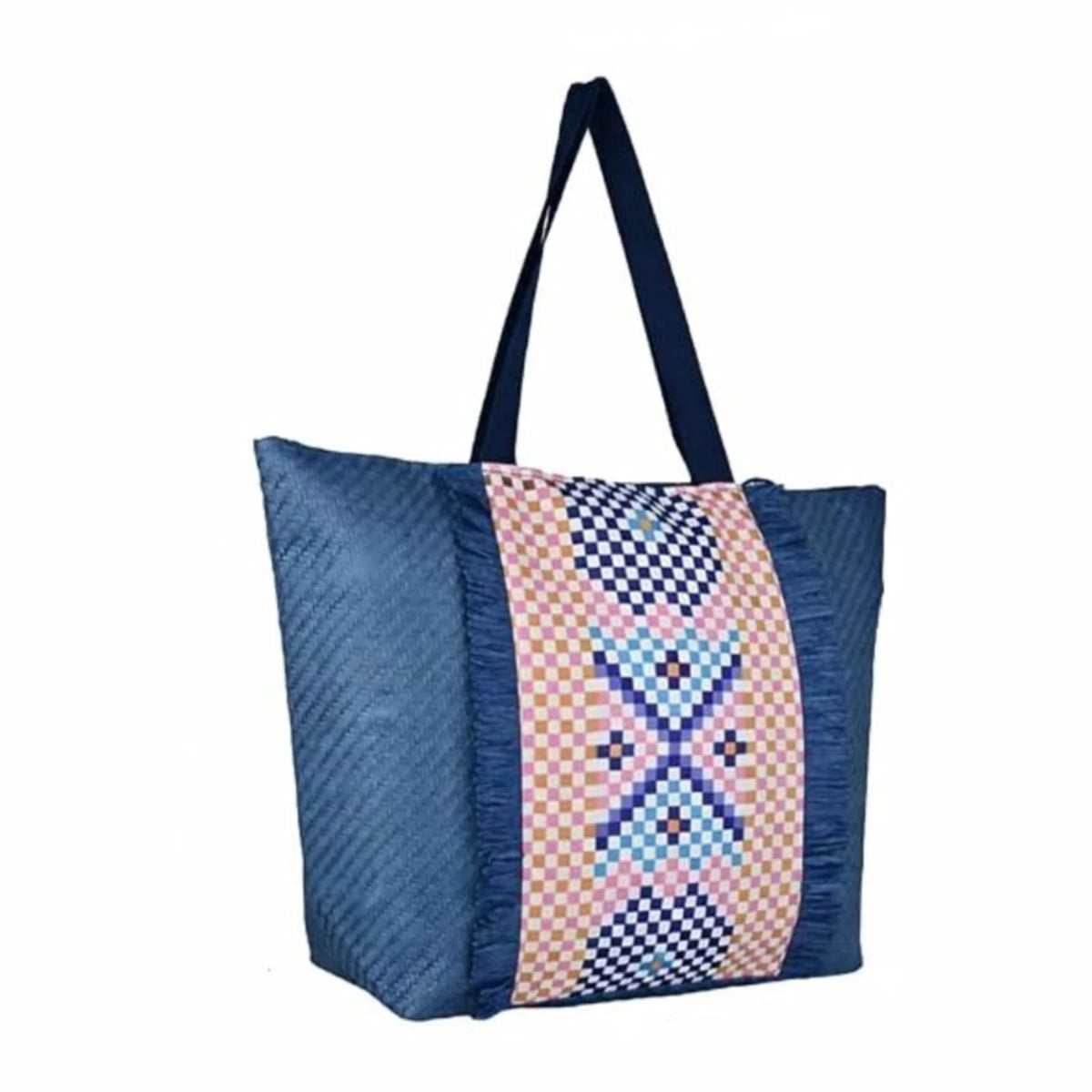 ENSAC Checkered Fringe Beach Bag Tote for women | Woven Geometric Summer Shoulder Handbag