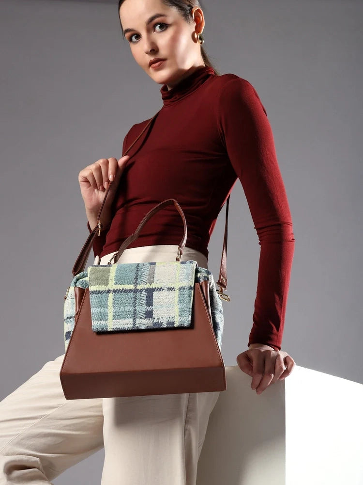 ENSAC Women's Plaid Woven Crossbody Sling Bag with Top Handle