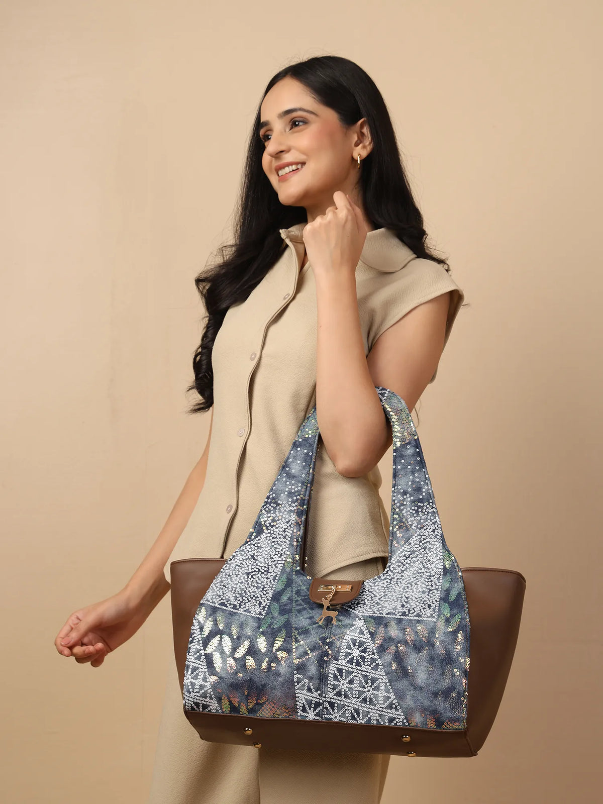 ENSAC Women's Sequin Embellished Denim Shoulder Hobo Bag – Bluestone with Deer Charm