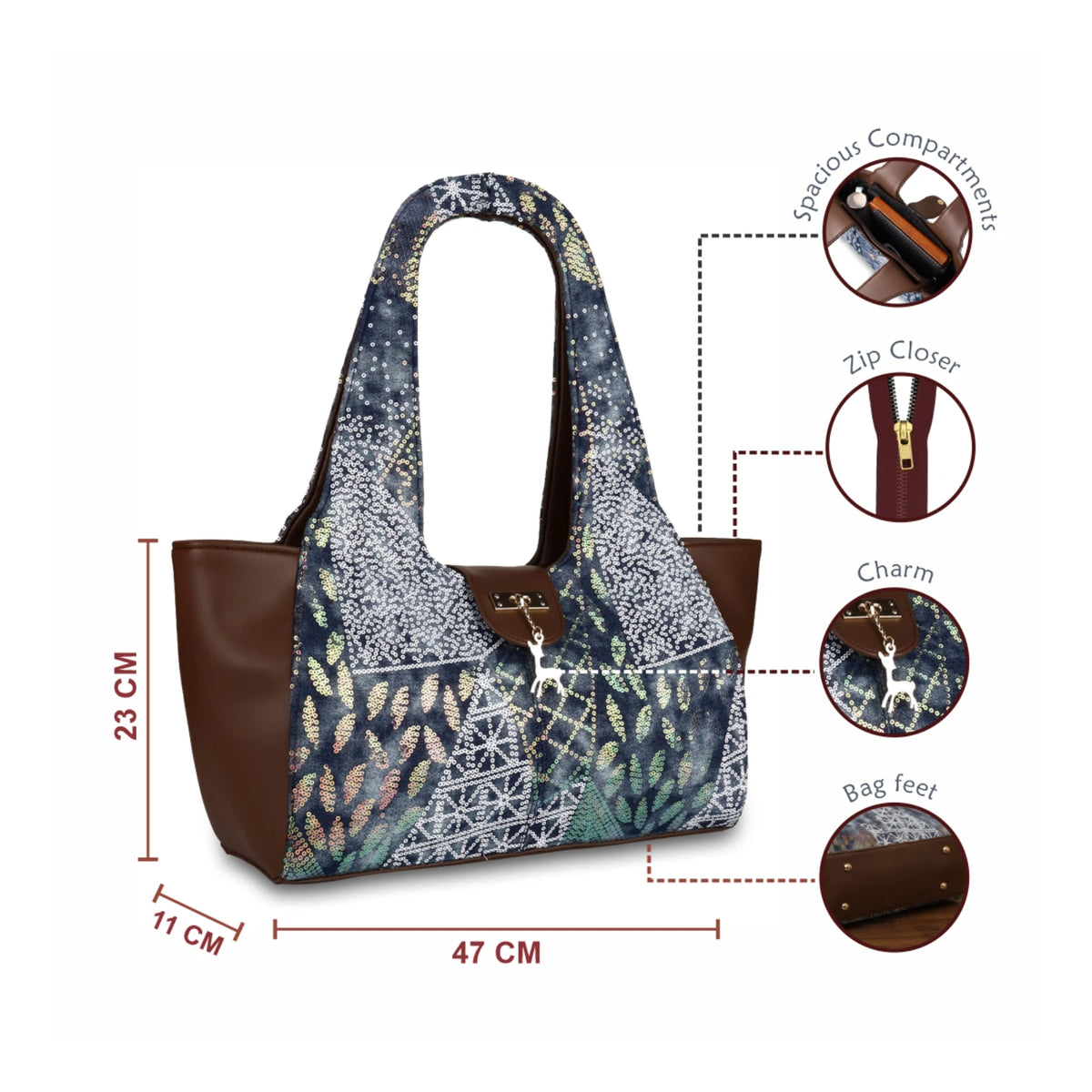 ENSAC Women's Sequin Embellished Denim Shoulder Hobo Bag – Bluestone with Deer Charm