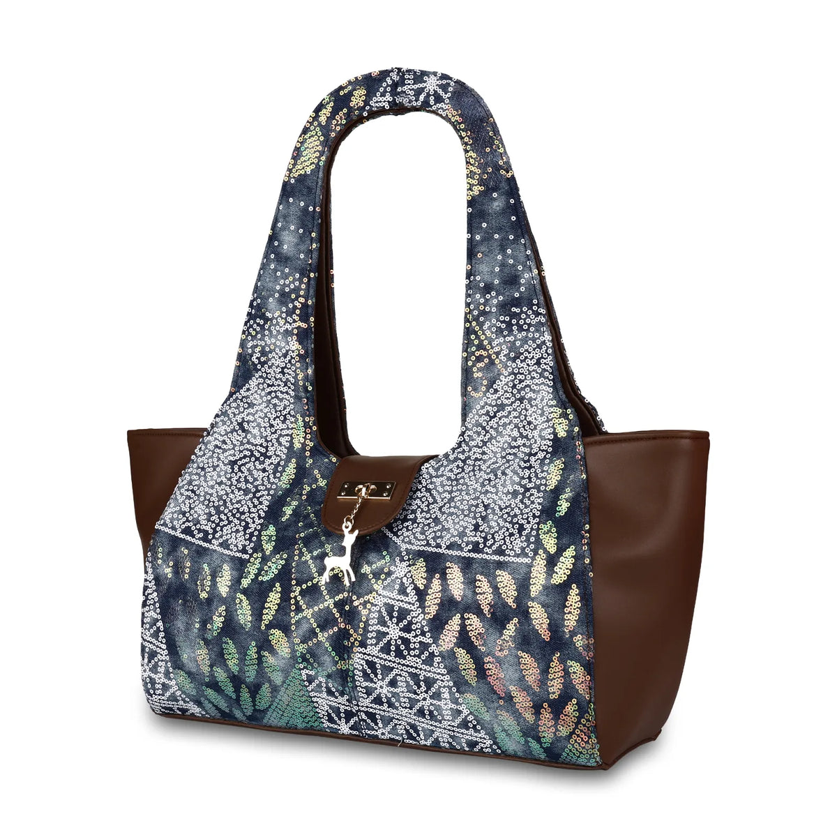 ENSAC Women's Sequin Embellished Denim Shoulder Hobo Bag – Bluestone with Deer Charm
