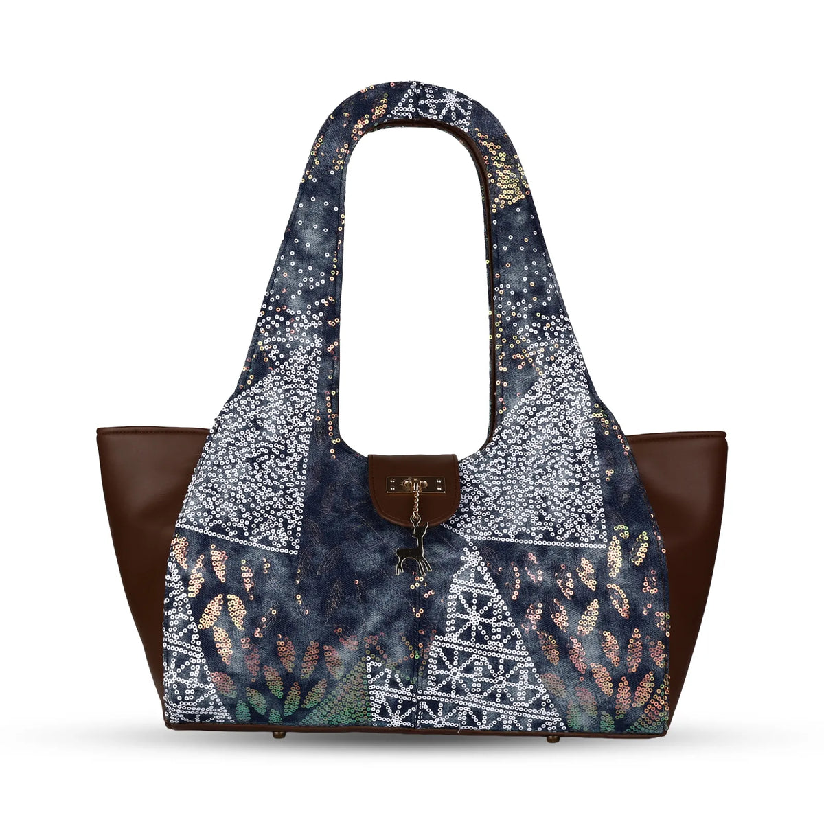 ENSAC Women's Sequin Embellished Denim Shoulder Hobo Bag – Bluestone with Deer Charm
