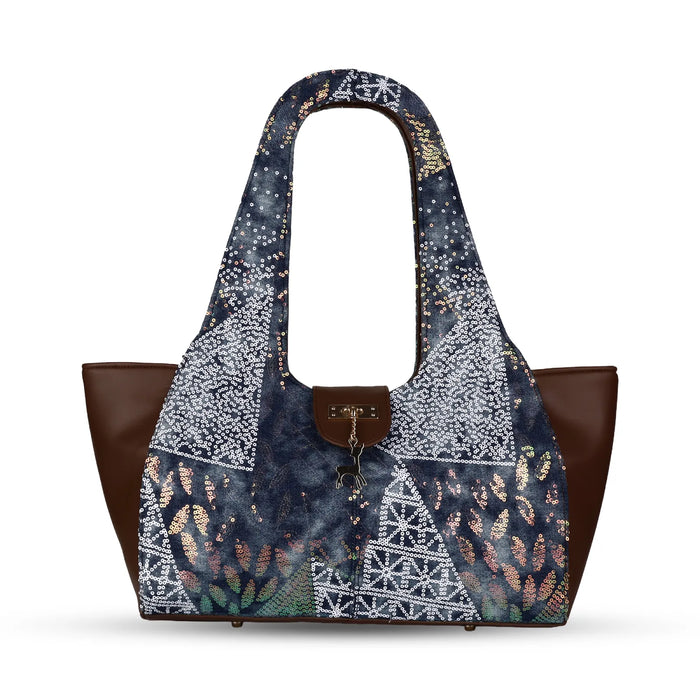 ENSAC Women's Sequin Embellished Denim Shoulder Hobo Bag – Bluestone with Deer Charm