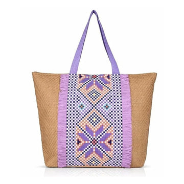 ENSAC Checkered Fringe Beach Bag Tote for women | Woven Geometric Summer Shoulder Handbag