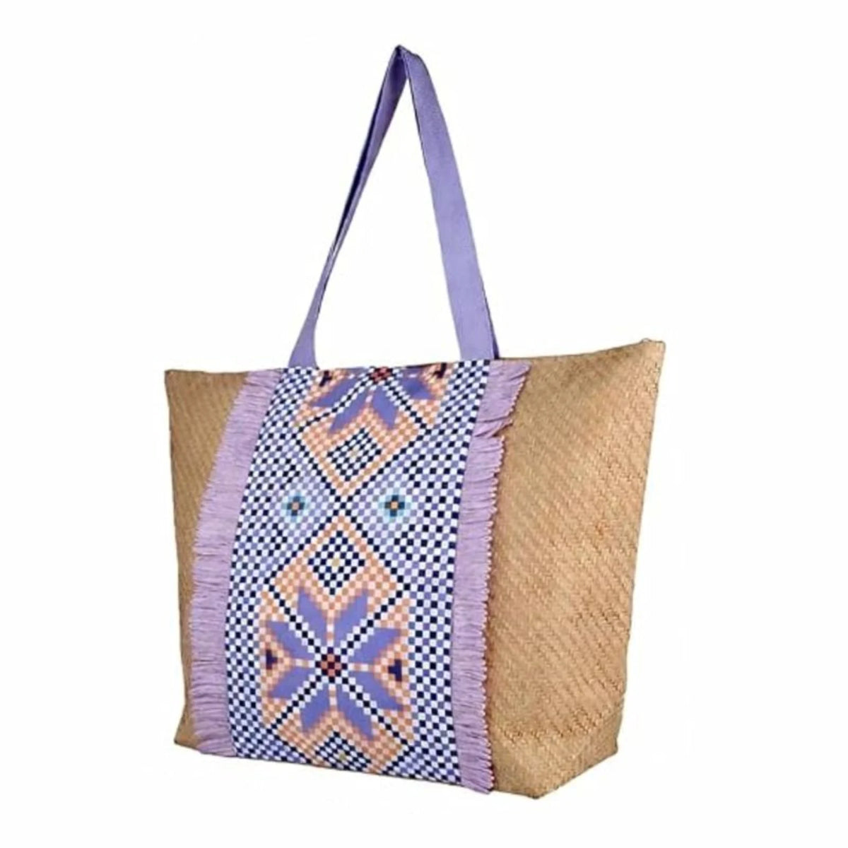 ENSAC Checkered Fringe Beach Bag Tote for women | Woven Geometric Summer Shoulder Handbag