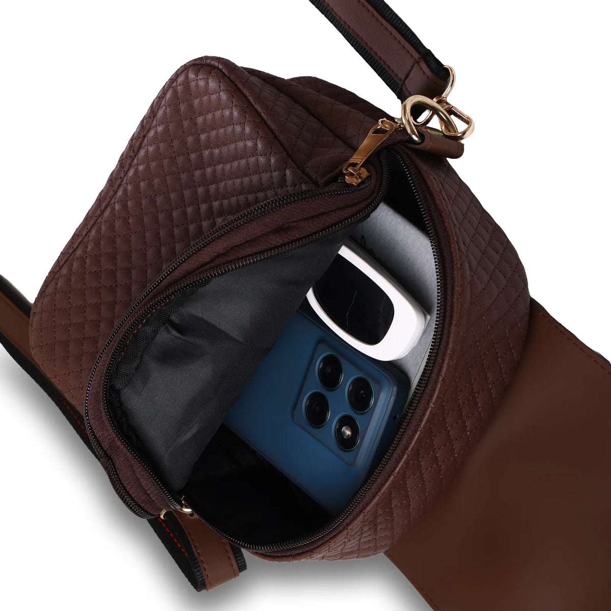 ENSAC Women's Brown Quilted Vegan Leather Crossbody Sling Bag