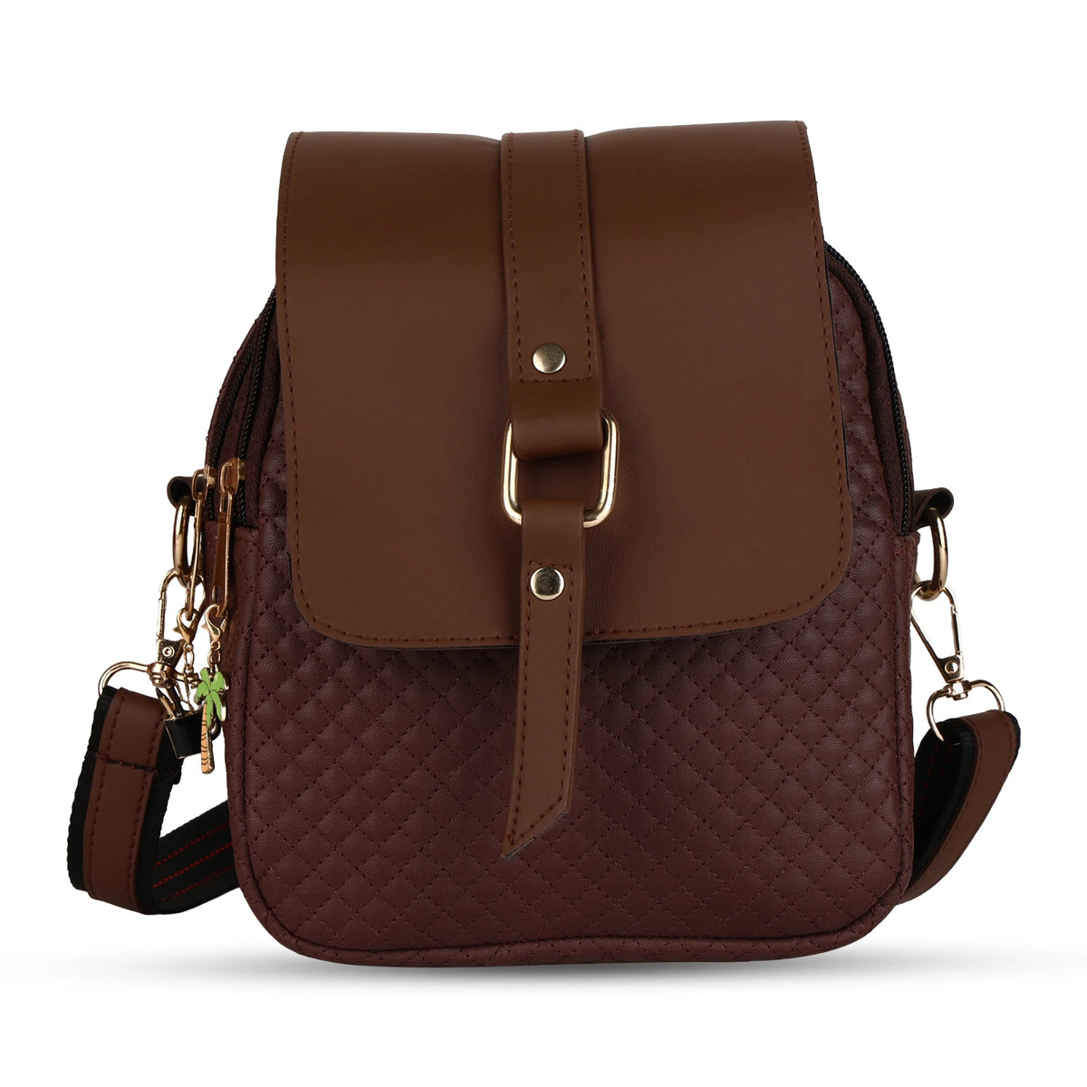 ENSAC Women's Brown Quilted Vegan Leather Crossbody Sling Bag