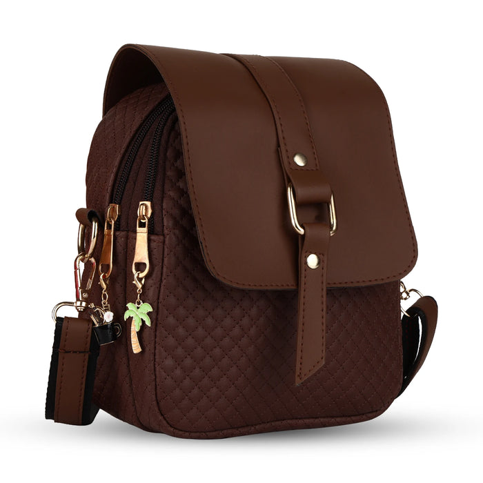ENSAC Women's Brown Quilted Vegan Leather Crossbody Sling Bag