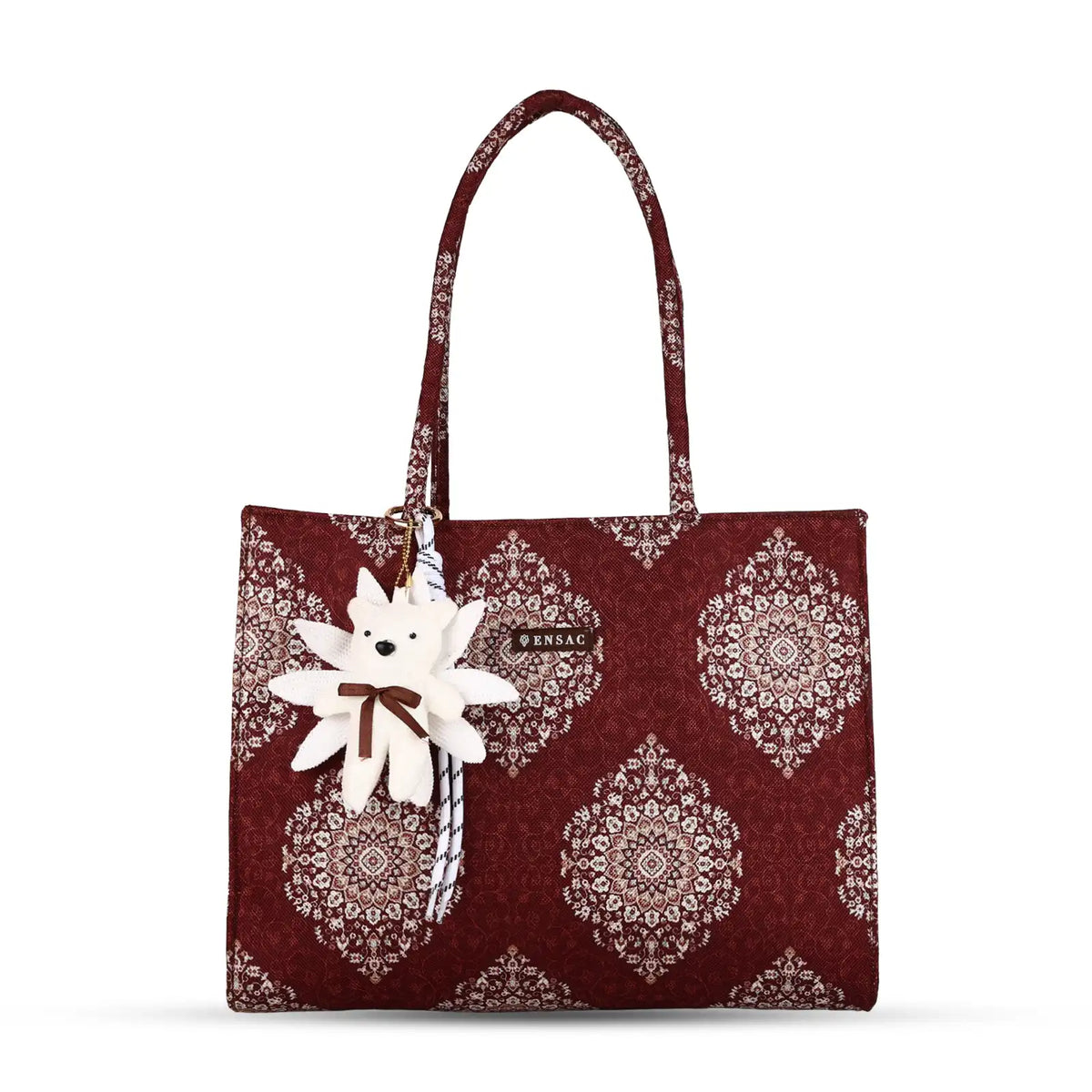 ENSAC Women's Maroon Medallion Print Woven Tote Bag with Charm