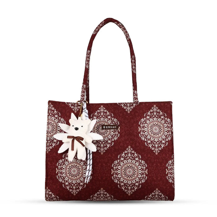 ENSAC Women's Maroon Medallion Print Woven Tote Bag with Charm