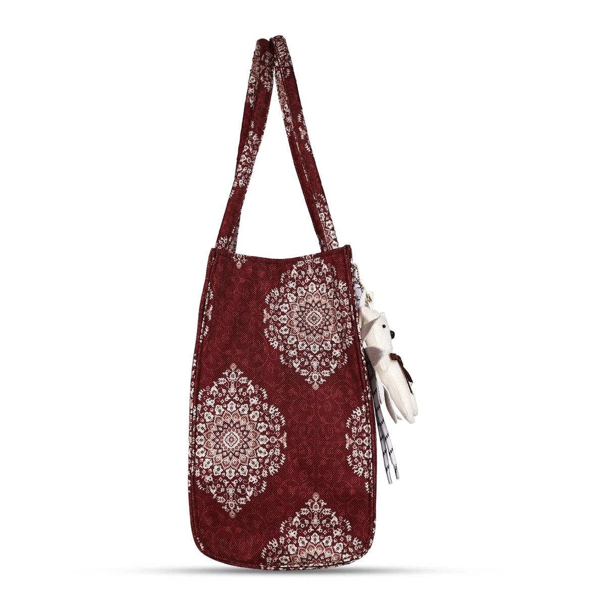 ENSAC Women's Maroon Medallion Print Woven Tote Bag with Charm