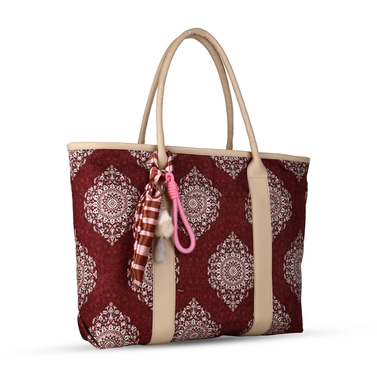 ENSAC Women's Maroon Medallion Print Woven Laptop Tote Bag with Ribbon Charm