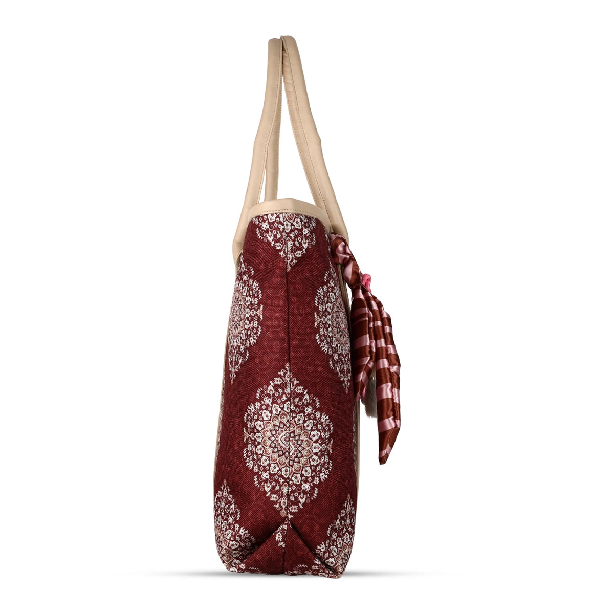 ENSAC Women's Maroon Medallion Print Woven Laptop Tote Bag with Ribbon Charm
