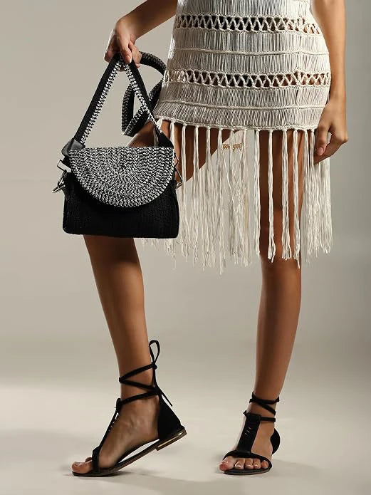 ENSAC Women's Woven Crochet Sling Bag with Flap, Top Handle & Crossbody Bag