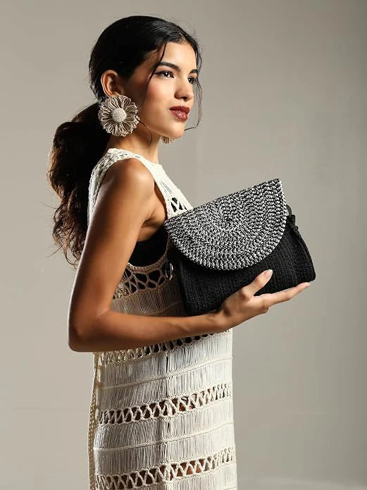 ENSAC Women's Woven Crochet Sling Bag with Flap, Top Handle & Crossbody Bag