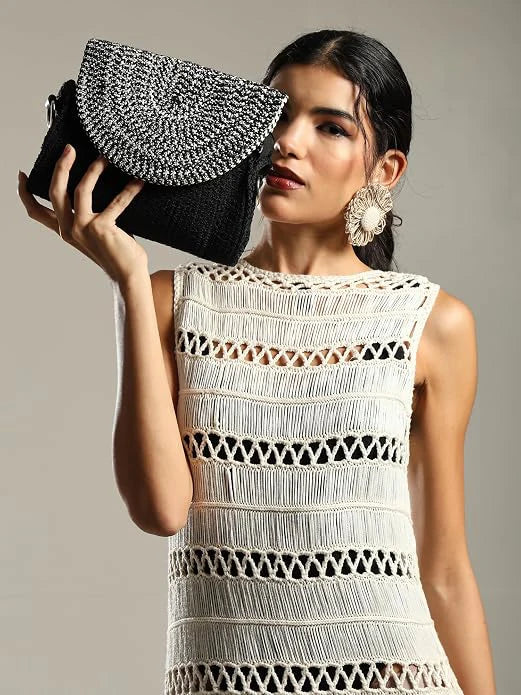 ENSAC Women's Woven Crochet Sling Bag with Flap, Top Handle & Crossbody Bag